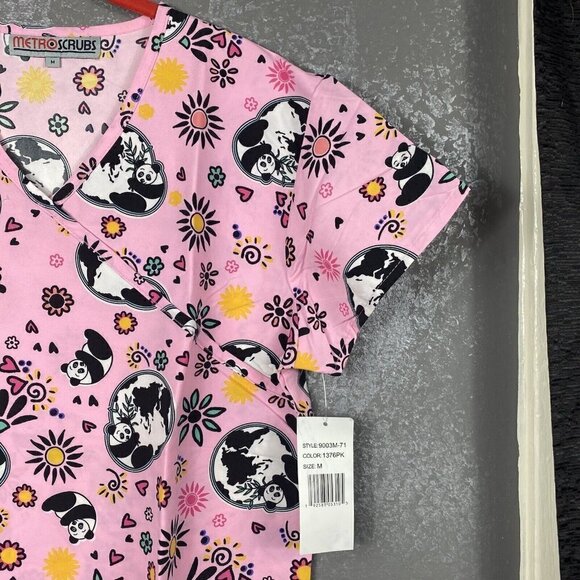 NWT metro scrubs pink panda floral print 2 pocket scrub top. size medium - Picture 6 of 8